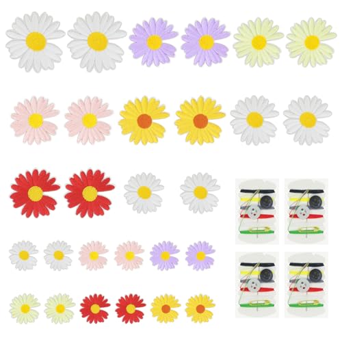 ZUYIST 28 Stück Gänseblümchen Patches zum Aufbügeln, Bestickte Gänseblümchen Deko Kinder Aufnäher zum Aufbügeln, Bügelbilder für Textilien Erwachsene, Bügelbild Aufbügelflicken für Hut, Jeans von ZUYIST