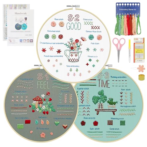 ZUYIST 3 Stück Sticken Set Erwachsene, Embroidery Kit Blumenmuster Pflanzen Stickset für Anfänger mit Stickrahmen, Schere, Stickrahmen Anleitung Werkzeuge, Sticknadeln Kreuzstich Set (Feel Good Times) von ZUYIST