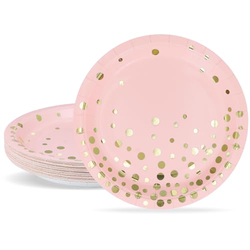 ZVK Pappteller Set Rosa Gold 23cm Dessertteller Set 24 Stück Papierteller Partygeschirr Set für Gedenktag, Junggesellinnenabschied, Cocktailparty von ZVK