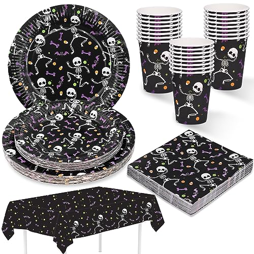 Skelett Pappteller, Servietten, Partybecher Papier Tischdecke Schwarz Halloween-Party 97 Stück Partygeschirr Set Tischdekoration, Geschirrdekoration von ZVK