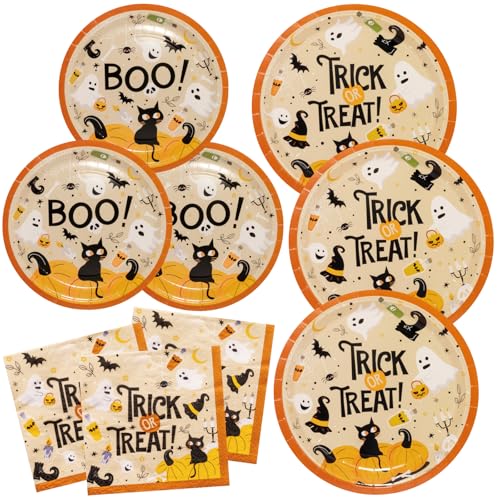 ZVK Trick or Treat Pappteller Servietten Set 90 Stück Happy Halloween Party Dessertteller Papierservietten Einweggeschirr für Kinderparty Tischdekorationen von ZVK