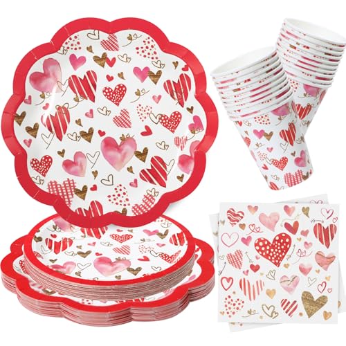 ZVK Valentines Pappteller, Servietten und Pappbecher Set 96 Stück Partyzubehör Dessertteller Partybecher Servietten für Happy Valentine's Day von ZVK