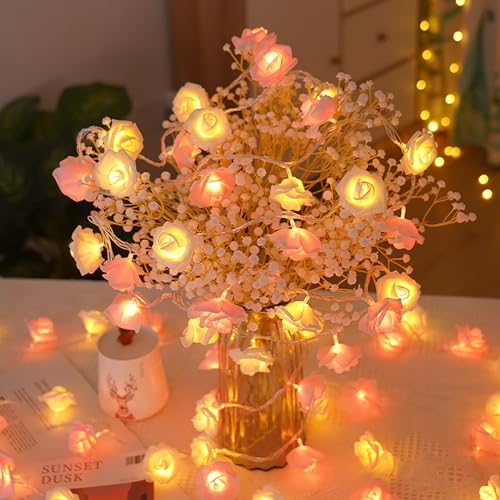 ZVO LED Rosen Lichterkette, 3M Rosen Lichterkette mit 20 LED-Licht Batteriebetrieben, Lichterkette mit Blumengirlande Hängend für Innen Hochzeit Schlafzimmer Blumen Weihnachts Deko(weiß+rosa) von ZVO