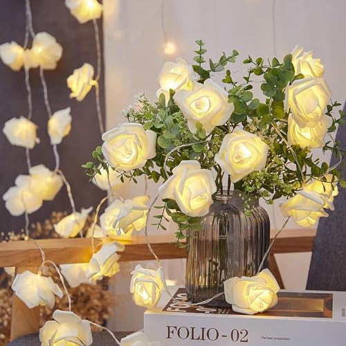 ZVO LED Rosen Lichterkette, 3M Rosen Lichterkette mit 20 LED-Licht Batteriebetrieben, Lichterkette mit Blumengirlande Hängend für Innenberei Hochzeit Schlafzimmer Blumen Weihnachts Deko(weiß) von ZVO