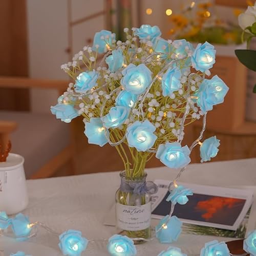 ZVO LED Rosen Lichterkette, 3M Rosen Lichterkette mit 20 LED-Licht Batteriebetrieben, Lichterkette mit Blumengirlande für Innenberei Hochzeit Schlafzimmer Blumen Weihnachts Valentinstag Deko(blau) von ZVO