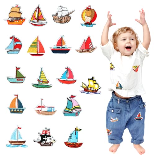 ZVRSUA 18 Bügelflicken Stück Segelboot-Stickerei-Aufnäher Bügelbilder für Textilien zum Nähen/Bügeln von Jacken, Jeans, Hüten, Kleidern, DIY-Zubehör, Stoff von ZVRSUA