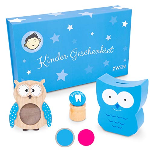 ZWEN Kinder Geschenkset für Mädchen & Jungen I Baby Erinnerungs-Box als Geschenk zur Geburt, Taufe, Kommunion I Taufgeschenk mit Spardose, Zahndose & Bilderrahmen Eule aus Holz (Blau/Jungen) von ZWEN