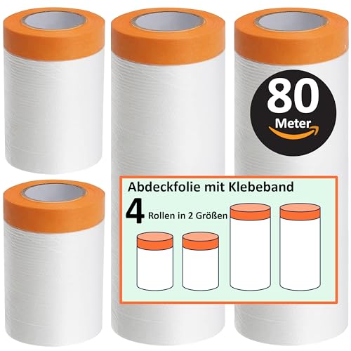 ZWERKZEUG Insgesamt 80 meter Abdeckfolie mit Klebeband Abdeckfolie mit Klebeband 4er Set (55cm x 20 m x 2 Stück; 140cm x 20m x 2 Stück) - Maler Abdeckfolie - Goldband Tape-Abdeckfolien Malerfolien von ZWERKZEUG