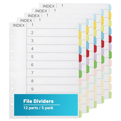 Trennblätter für Ordner A4, 12-teiliges, 5er Set, A4 Ordner Trennblätter, Register für Ordner A4, 11 Löcher Gestanzt mit Digitalen Trenn-Blätter für Organisation im Büro von ZWQLZG