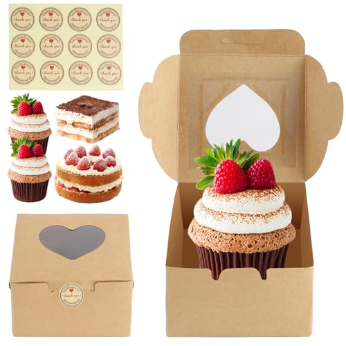 Kraftpapier Geschenkboxen 24 Stück Cupcake Box Gebäckbox aus Braunem mit Fenster, 10.5x10.5x6.5cm Karton Box Verpackung Papier Tortenbox Cupcake Schachtel Einweg Pappschachtel für Kekse Desserts von ZWQLZG