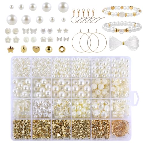 ZWQLZG Weiß Perlen Für Armbänder, 1120 Stk Perlen Für Armbänder Selber Machen, Schmuck Selber Machen Set Mit Pearl Und Goldene Perlen, Diy Bracelet Making Kit Und Friendship Bracelet Kit von ZWQLZG