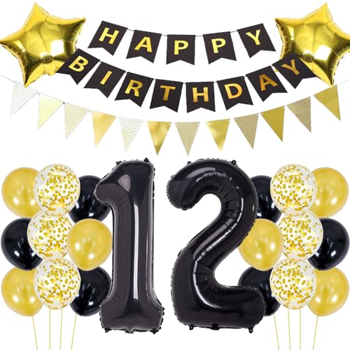 Luftballons 12 Geburtstag Dekoration Schwarz Gold Geburtstagsdeko 12 Jahre Mann Geburtstag 12 Junge Folienballon 12 Geburtstag Deko Junge Geburtstagsdeko 12 Jahr Junge Party Deko Gold Schwarz von ZWWsullo