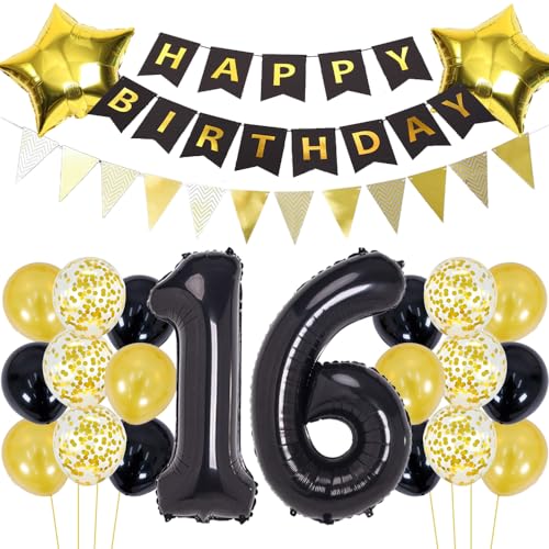 Luftballons 16 Geburtstag Dekoration Schwarz Gold Geburtstagsdeko 16 Jahre Mann Geburtstag 16 Junge Folienballon 16 Geburtstag Deko Junge Geburtstagsdeko 16 Jahr Junge Party Deko Gold Schwarz von ZWWsullo