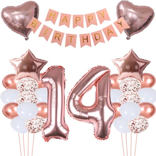 ZWWsullo Folienballon 14 Geburtstag Mädchen geburtstag 14 mädchen 14 jahr geburtstag mädchen deko set Geburtstagsdeko Mädchen 14 jahr Geburtstagsdeko Mädchen Rosegold Zahl Riesen Folienballon Zahl 14 von ZWWsullo