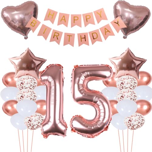 ZWWsullo Folienballon 15 Geburtstag Mädchen geburtstag 15 mädchen 15 jahr geburtstag mädchen deko set Geburtstagsdeko Mädchen 15 jahr Geburtstagsdeko Mädchen Rosegold Zahl Riesen Folienballon Zahl 15 von ZWWsullo