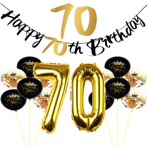 ZWWsullo Geburtstag Dekoration Schwarz Gold Set deko 70 geburtstag mann Geburtstagsdeko mit Happy Birthday Banner 70 Geburtstag Party Deko Schwarz Gold Deko 70 Geburtstag Deko Mann Frauen von ZWWsullo