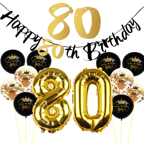 ZWWsullo Geburtstag Dekoration Schwarz Gold Set deko 80 geburtstag mann Geburtstagsdeko mit Happy Birthday Banner 80 Geburtstag Party Deko Schwarz Gold Deko 80 Geburtstag Deko Mann Frauen von ZWWsullo