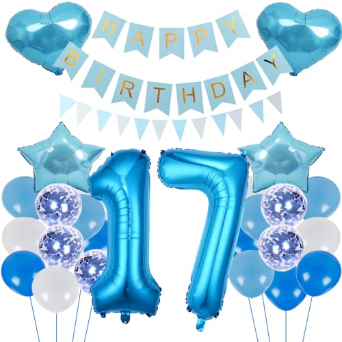 ZWWsullo Geburtstagsdeko Jungen Blau Zahl 17 Geburtstag Junge Mädchen Luftballon-Zahl Riesen Folienballon Geburtstagsdeko Junge 17 Geburtstag Dekoration 17 jahre Geburtstag Junge Dekoration set von ZWWsullo