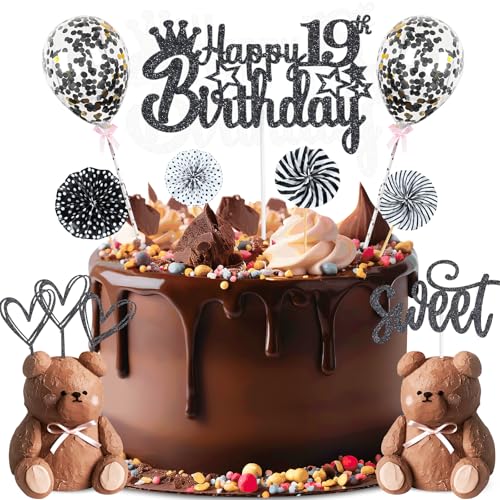 ZWWsullo Glitter Cake Topper Happy 19th Birthday Tortendeko 19 Geburtstag Kuchen Deko Tortendeko 19 Geburtstag Mädchen Jungen Schwarz Kuchen Deko 19 Geburtstag Cake Topper von ZWWsullo