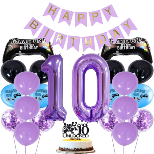 ZWWsullo Luftballon 10 Geburtstag Junge Gaming Controller Luftballons Videospiel Ballon Gaming Party Geburtstag Deko 10 jahre Cake Topper(Schwarz & Lila) Geburtstag Dekoration Junge von ZWWsullo