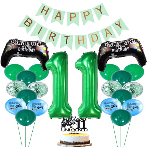 ZWWsullo Luftballon 11 Geburtstag Deko Grün Geburtstagsdeko Jungen 11 Jahre Game-Controller-Luftballons Happy Birthday-Banner Videospiel Luftballon 11 Geburtstag Gamer Deko Geburtstag von ZWWsullo