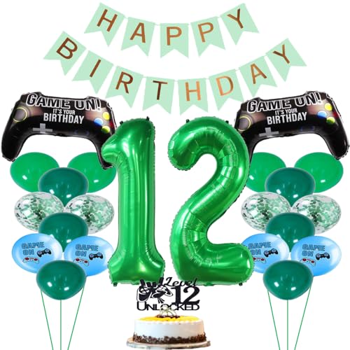 ZWWsullo Luftballon 12 Geburtstag Deko Grün Geburtstagsdeko Jungen 12 Jahre Game-Controller-Luftballons Happy Birthday-Banner Videospiel Luftballon 12 Geburtstag Gamer Deko Geburtstag von ZWWsullo