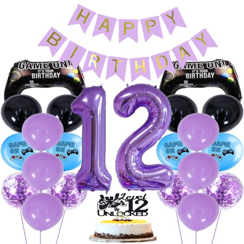 ZWWsullo Luftballon 12 Geburtstag Junge Gaming Controller Luftballons Videospiel Ballon Gaming Party Geburtstag Deko 12 jahre Cake Topper(Schwarz & Lila) Geburtstag Dekoration Junge von ZWWsullo