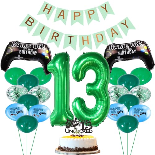 ZWWsullo Luftballon 13 Geburtstag Deko Grün Geburtstagsdeko Jungen 13 Jahre Game-Controller-Luftballons Happy Birthday-Banner Videospiel Luftballon 13 Geburtstag Gamer Deko Geburtstag von ZWWsullo