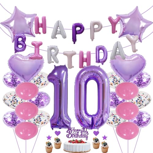 ZWWsullo Luftballon zum 10 Geburtstag lila geburtstagsdeko Happy Birthday Banner mit Pompoms Papier Girlande Folienballon 10 Geburtstag deko Riesen Folienballon Zahl 10 Geburtstag Lila Deko von ZWWsullo