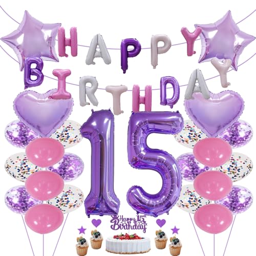 ZWWsullo Luftballon zum 15 Geburtstag lila geburtstagsdeko Happy Birthday Banner mit Pompoms Papier Girlande Folienballon 15 Geburtstag deko Riesen Folienballon Zahl 15 Geburtstag Lila Deko von ZWWsullo