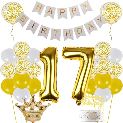 ZWWsullo Luftballons Geburtstag Set 17 geburtstag deko gold Ballon 17 Deko zum Geburtstag Mann Frau Geburtstagsdeko 17 Männer Frauen mit Happy Birthday Banner Luftballon 17 Geburtstag Deko Gold von ZWWsullo