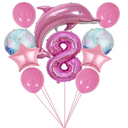 ZWWsullo Rosa Ozean Tiere Geburtstagsfeier Dekoration Meerestiere Geburtstag Deko Delfin Luftballon Deko 8 Jahre Set Große Delfin Folienballon Delfin Luftballon Rosa süß Folien-Ballon Tiere von ZWWsullo