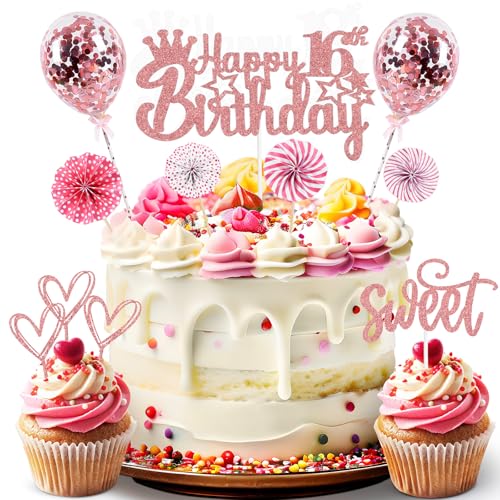 ZWWsullo Tortendeko Rosegold 16 Jahre Mädchen Jungen Happy 16th Birthday Cake Topper Glitzer Kuchen Topper Konfetti Luftballons 16 Geburtstagstorte Dekoration Geburtstag Kuchen Deko von ZWWsullo