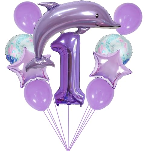 ZWWsullo Zahlen-Ballon 1 Lila Ozean Tiere Geburtstagsfeier Dekoration Luftballons 1 Geburtstag Dekorationen Meerestiere Geburtstag Deko Happy Birthday Luftballons Tiere Delfin Luftballon Set von ZWWsullo