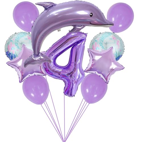 ZWWsullo Zahlen-Ballon 4 Lila Ozean Tiere Geburtstagsfeier Dekoration Luftballons 4 Geburtstag Dekorationen Meerestiere Geburtstag Deko Happy Birthday Luftballons Tiere Delfin Luftballon Set von ZWWsullo