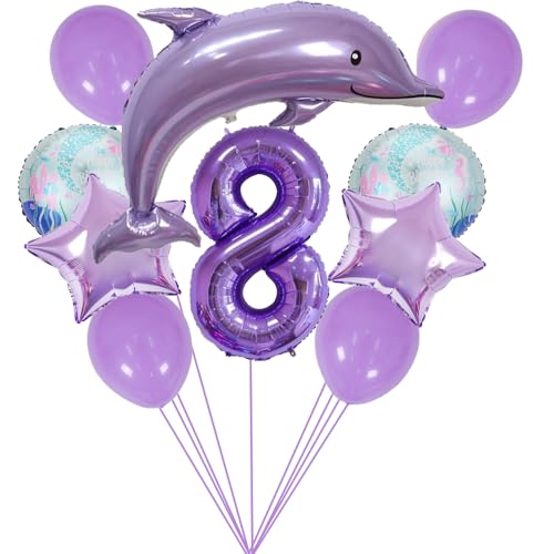 ZWWsullo Zahlen-Ballon 8 Lila Ozean Tiere Geburtstagsfeier Dekoration Luftballons 8 Geburtstag Dekorationen Meerestiere Geburtstag Deko Happy Birthday Luftballons Tiere Delfin Luftballon Set von ZWWsullo