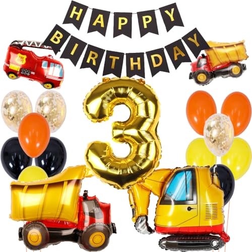 ZWWsullo geburtstagsdeko 3 jahre jungen Bagger Geburtstag Deko Kindergeburtstag Deko jungen 3 Jahr bauarbeiter geburtstag Bagger Deko Kindergeburtstag 3 Baustellen Geburtstagdeko Junge Ballon Auto von ZWWsullo