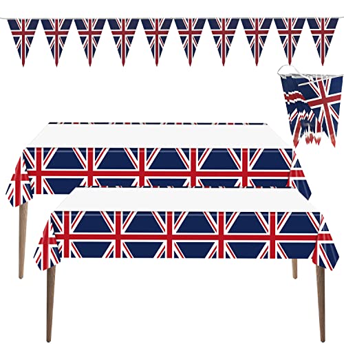 ZWZNBL Rechteckige Tischdecken mit Union-Jack-Motiv, wasserdicht und langlebig, Queen's Platinum Jubiläumsfeier, Party-Dekorationen, festlich, mit einer Wimpelkette mit Union Jack-Motiv, 2 Stück. von ZWZNBL