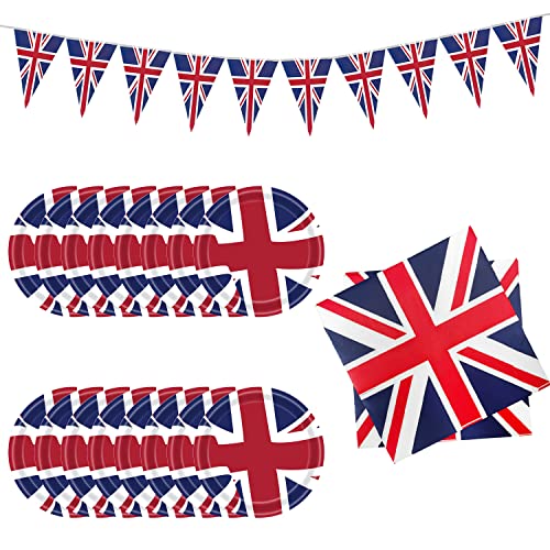 ZWZNBL 25-teiliges Union Jack Partyzubehör-Set, Union Jack Themen-Pappteller, Taschentücher und Zugflaggen, Queens Golden Jubilee 2022 Dekoration Party Supplies, Union Jack Flag Party Supplies von ZWZNBL