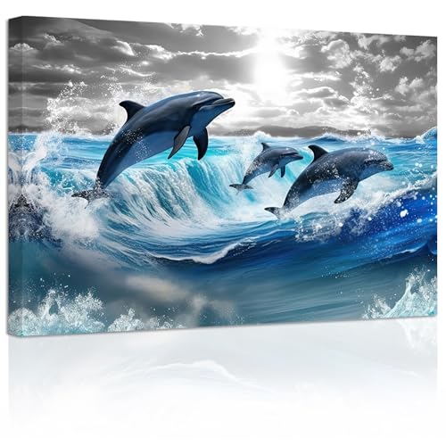 ZXHYWYM Delfin Leinwandbilder springender Delfin Bilddruck blaues Meerestier Badezimmer Kunstwerk Wanddekoration für Kinderzimmer Kinderzimmer Gerahmt (Bild-3, (40.00 x 60.00 cms)) von ZXHYWYM