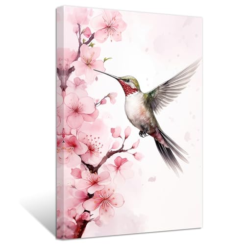 ZXHYWYM Kolibri Leinwandbilder Aquarell Vogel und Blumenmalerei Drucke Naturtierbilder für Kinderzimmer Kinderzimmer Gerahmt (Bild-1, (40.00 x 60.00 cms)) von ZXHYWYM