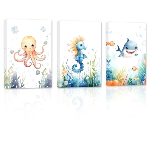 ZXHYWYM Ozean Tier Kinderzimmer Bilder 3 teilig niedlicher Oktopus Seepferdchen Hai Aquarell Poster Drucke auf Leinwand lustige Kunstwerke für Kinderzimmer (Bild-1, (30.00 x 40.00 cms x 3 Teilig)) von ZXHYWYM