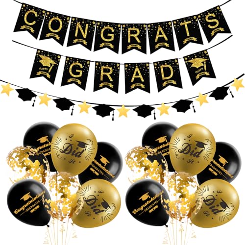 ZXK CO Abschluss Party Deko, Schwarz und Gold Themed Ballon Dekoration, Congrats Graduation Deko, Wimpel Girlande Abschlussfeier Deko von ZXK CO