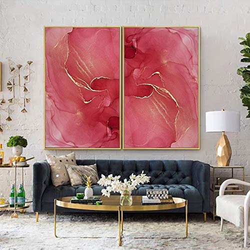 Abstrakter roter Goldkunst-Linien-Gemälde-Leinwand-Druck. Wandkunst Bilder für Wohnzimmer Office Room Decor 40x60cmx2 Rahmenlos von ZXMDP