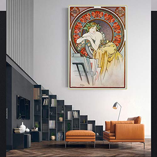 Alphonse Mucha 《Mädchen mit Staffelei》 Kunstwerk Bild. Leinwand Wandkunst Bild Für Wohnzimmer Wohnkultur 40x60cm Rahmenlos von ZXMDP