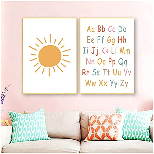 Kinderzimmer Dekoration Leinwand Wandkunst Bilder Boho Alphabet Regenbogen Sonnenschein Kinderzimmer WandGemälde Plakatdruck 20x30cmx2 Rahmenlos von ZXMDP