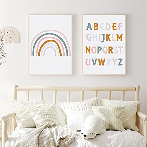 Kinderzimmer Wandkunst Leinwanddruck Regenbogen Plakat ABC Alphabet Leinwanddruck Bilder Nordic Baby Kinderzimmer Dekoration 30x40cmx2 Rahmenlos von ZXMDP