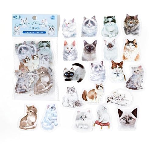 ZXMNBH PET Aufkleber für Scrapbooking Kit Weiße Katze Ästhetisches Papier Tagebuch Planer Junk Bullet Journaling Dekorative Lieferungen 40 Stück/Packung von ZXMNBH