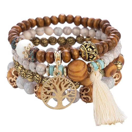 ZXUPOI 4 Pcs Set Boho Armbänder mit Holzperlen Quaste Chakra und Kristall Heilsteinen für Frauen Baum des Lebens Charm Statement Armreifen von ZXUPOI