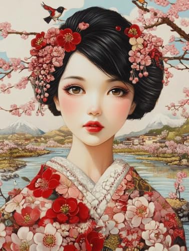 Japanische Frau Diamond Painting Erwachsene, 5D Diamant Painting Bilder Blume DIY Full Runde Drill Diamant Kunst Malerei Stickerei Set für Kinder, Mosaikherstellung für Deko Wohnzimmer 35x50 cm a-G von ZXYETTBD